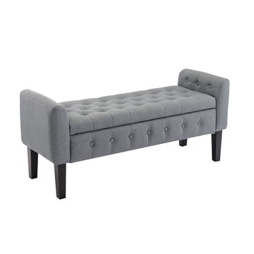 E-home Inari伊納利簡約歐式拉扣布面扶手實木腳收納長凳-三色可選深灰