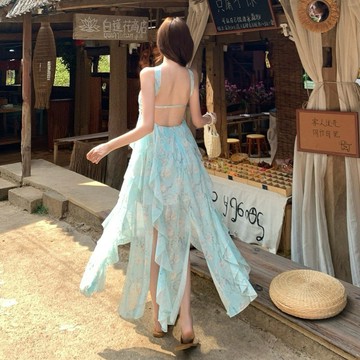 一顆甜桃 白色洋裝 夏季抹胸洋裝 度假風 碎花連身裙女 連身裙