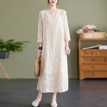 茶服女禪意文藝中國風裙子中式女裝秋禪服改良旗袍刺繡棉麻連衣裙