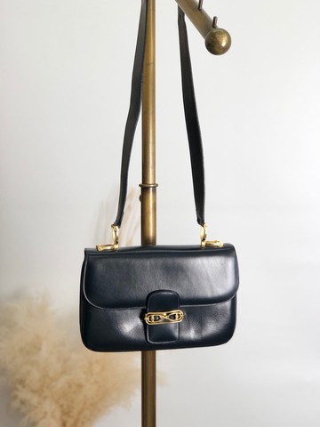 【 日本直送 名牌中古包 】CELINE  સੇલિન 側背包 深藍色 馬銜扣 皮革 vintage 古董 k2egpz