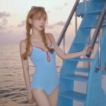 純欲小香風可愛少女甜美格子性感露背簡約連體游泳衣女swimsuit