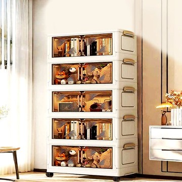 40面寬摺疊雙開門五層收納櫃-附滑輪 兩款可選  024395 40面寬 五層-透明門片