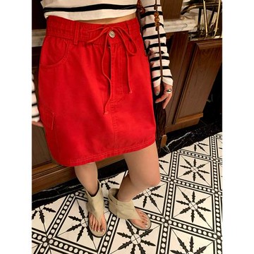 (免運)今嶼花花 紅色短裙新款牛仔裙半身裙女夏季2024新款a字高腰工裝