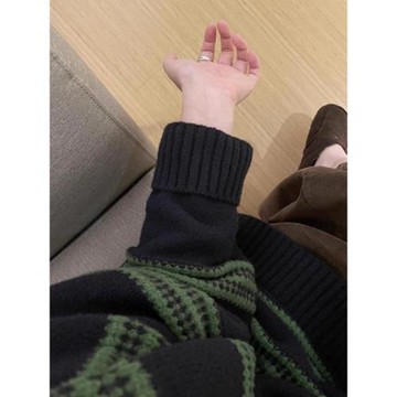 2025春季慵懶chic撞色條紋圓領毛衣女秋冬復古加厚上衣打底針織衫