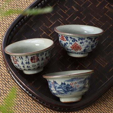 老陶泥青花主人杯大號個人茶杯釉里紅開片壓手品茗杯功夫茶具單杯