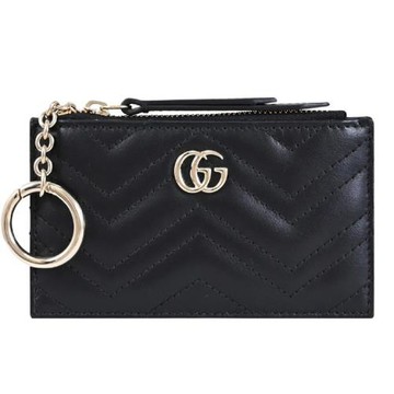 GUCCI 813353 GG Marmont 金屬LOGO絎縫皮革鑰匙零錢包.黑
