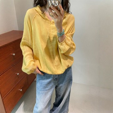 【米婭~輕奢 1-5天出貨】日韓代購  法式慵懶風 防曬罩衫 女寬鬆長袖V領亞麻襯衫 薄款 透氣上衣 春夏季新