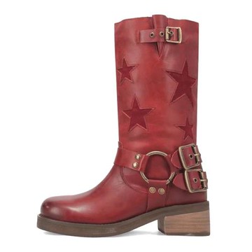 亞馬遜跨境外貿秋冬款西部靴歐美風五星拼接皮帶扣低跟套口時裝靴