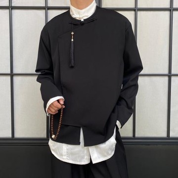 秋季新中式小眾流蘇斜門襟盤扣襯衫男長袖設計感復古禪意國風襯衣