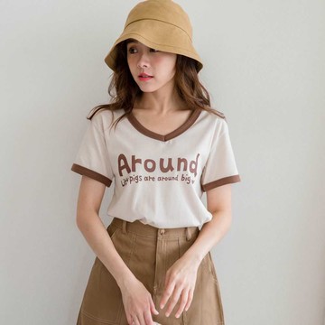 ★限時下殺$212★MIUSTAR Around領滾邊配色V領短袖棉質上衣(共2色)0125 預購【NL0180RE】