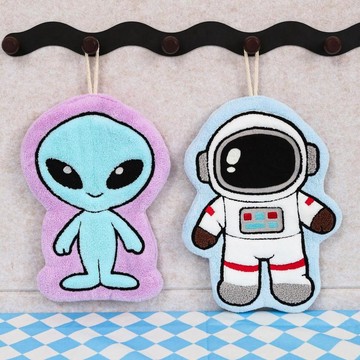 臺灣出貨+免運太空宇航員外星人擦手巾創意卡通珊瑚絨柔軟吸水掛式居家擦手帕