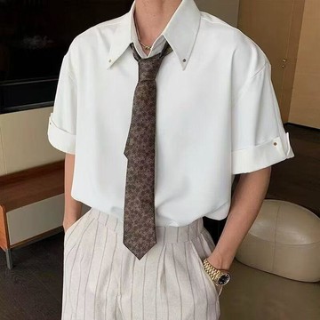 短袖襯衫 免燙 抗皺 夏季薄款襯衫男短袖26新款寬鬆休閒落肩五分袖垂感免燙白色襯衣0606