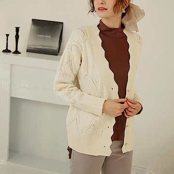 花邊領落肩開襟針織上衣/外套-OB大尺碼