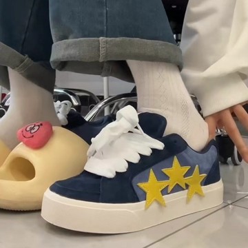 🔥台灣出貨🔥藍黃拚接星星麵包鞋女chic街頭百搭休閒帆布鞋低幫高顔值鞋子老爹