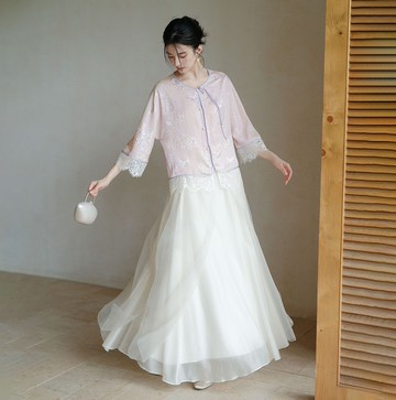 【綺紫】新中式復古中國風 蕾絲拼接上衣/半裙