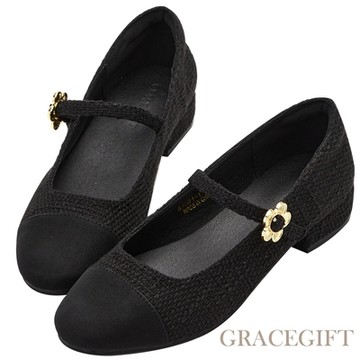 【Grace Gift】小花飾釦拼接低跟瑪莉珍芭蕾舞鞋 黑