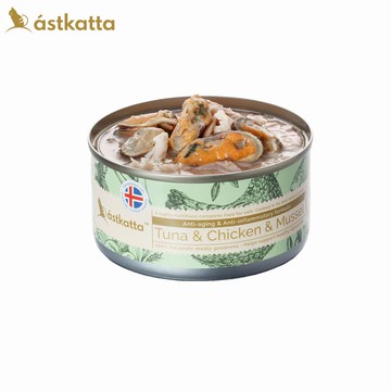 astkatta冰島 低脂無穀健康鮮燉貓罐頭 鮪魚嫩雞綠唇貝三寶 全齡貓 170g 24入_廠商直送