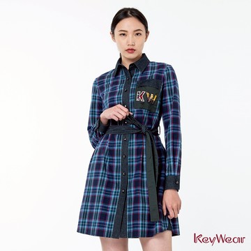 【KeyWear 奇威名品】格紋拼接設計綁帶長袖洋裝 藍色