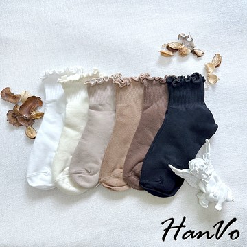 【HanVo】天天出貨 大地色系木耳邊棉質短襪 韓系簡約舒適親膚棉質襪 韓系襪子 白襪 襪子 女生配件 A12-6199