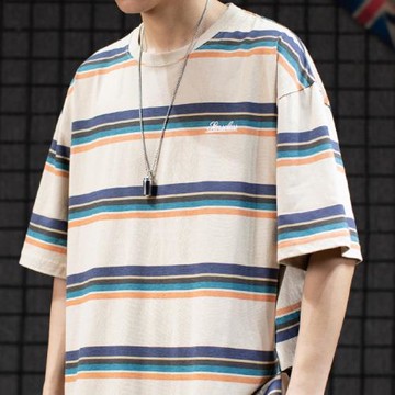 港風原宿ins潮牌條紋短袖T恤男寬松潮流情侶裝百搭純棉半截袖體恤