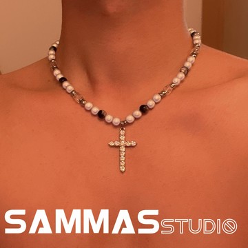 SAMMAS🔥反光珍珠十字架項錬小眾設計項鏈鎖骨鏈鈦鋼項錬男歐美嘻哈風女毛衣鏈