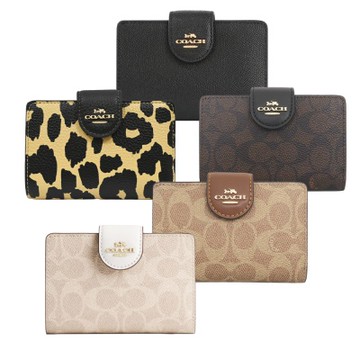 COACH 經典LOGO緹花/素色皮革釦式皮夾中夾 (多款可選)