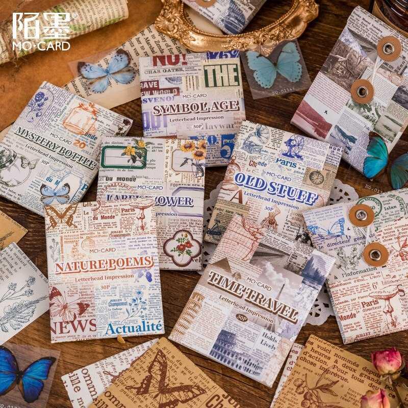 30 Pcs Vintage Scrapbooking Stickers And Paper Sets Decorative Retro Manuscript Sheets Decals Junk Journal Label For Journaling