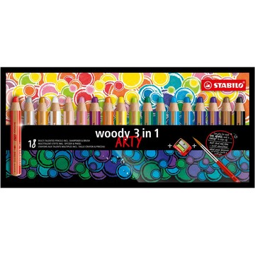 STABILO 德國 思筆樂 woody 3 in 1 ARTY 伍迪樂三合一可水洗水彩粉蠟筆 附削筆器 18支組/盒 ST880/18-1-20