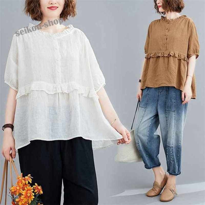 ブラウス リネンブラウス レディース 春夏 人気トップス チュニック ゆったり 体型カバー 無地 大きいサイズ ラウンドネック 可愛い 通販 Lineポイント最大get Lineショッピング