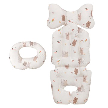 bebenuvo 四季雙面嬰兒推車座墊襯墊 + 頸枕套組  小熊兔子款 米白色  1組