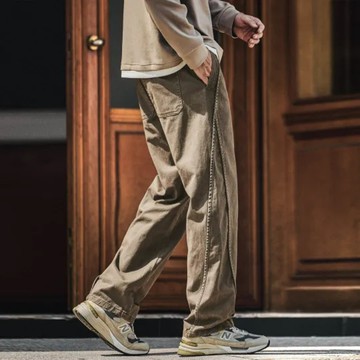 高級感設計老錢風拼接工裝褲子男秋冬款寬鬆垂墜感休閒直筒褲