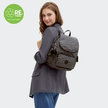 『猴子包』幾何印花拉鍊掀蓋後背包-CITY PACK S