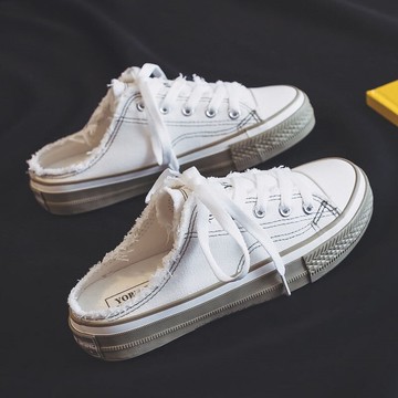 小白鞋女學生年夏季新款無后跟半拖一腳蹬懶人韓版百搭帆布鞋