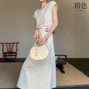 初色 法式棉麻風氣質純色輕薄綁帶收腰圓領連肩短袖中長連衣裙連身洋裝-杏色-12129(M-2XL可選)