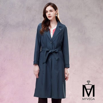 MYVEGA麥雪爾 MA高含棉彈性收腰綁帶長版風衣外套-墨綠