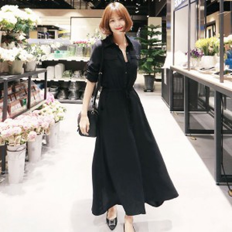 シャツワンピース ロング丈 マキシ ロングシャツワンピース 大きいサイズ レディース ウエストしぼり きれいめ 長袖 春 黒 通販 Lineポイント最大5 0 Get Lineショッピング