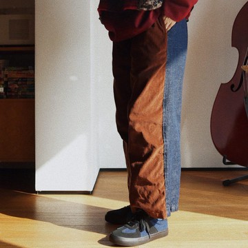 焦糖色燈芯絨和原色牛仔拼布製作 中性直筒褲 休閒寬腿褲