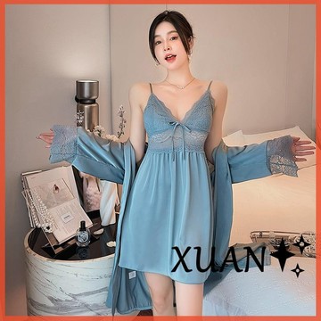 Xuan♥睡衣裙性感睡衣 春夏季 帶胸墊 可拆卸 素色 長袖冰絲睡衣 睡袍 蕾絲睡衣 吊帶睡裙 絲質睡衣 胸墊睡衣226