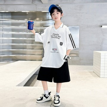 【中大男童】運動風黑白撞色條紋POLO衫套裝