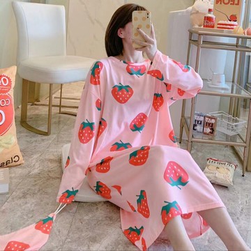 春秋季睡裙女長袖布袋甜美加大碼加肥寬松休閑圓領睡衣家居服長裙