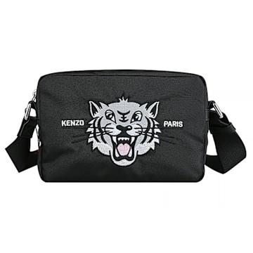 KENZO Varsity Happy Tiger刺繡標誌尼龍拉鍊斜背包(黑)