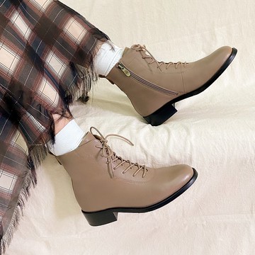 舒芙蕾牛革! 日日散策綁帶中筒靴 茶色 真皮靴 -香檳霧茶