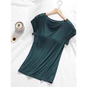 莫代爾帶胸墊短袖T恤 免穿文胸罩杯一體式上衣瑜伽純棉睡衣女夏季