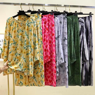 棉綢睡衣睡褲套裝女夏季媽媽裝休閑人造棉家居服薄款空調服兩件套