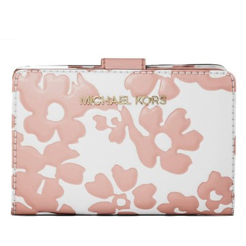 【Michael Kors】花朵皮革中夾-粉白色