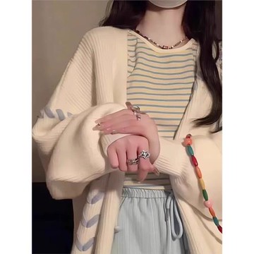 秋冬新款學院軟糯毛衣寬松慵懶風小眾蝴蝶愛心綁帶針織開衫外套女