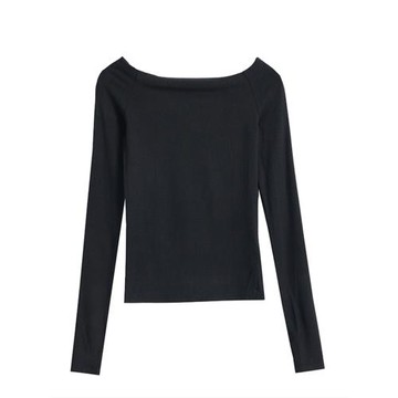 法式黑色一字肩鎖骨長袖t恤女秋冬季性感露肩修身高級感斜肩上衣