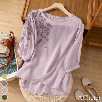 【ACheter】刺繡短袖圓領文藝復古寬鬆顯瘦棉麻短版上衣# 117826(現貨+預購)
