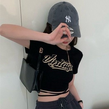 【T-2】🖤 ins甜酷辣妹短袖T卹女美式復古印花小眾抽繩綁帶短版露臍緊身上衣