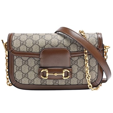 GUCCI 古馳 Horsebit 1955 mini Supreme帆布皮革飾邊肩/斜背包(烏木色)